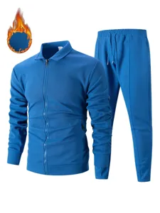 Men winter thick waffle knit zip up cardigan jacket and sweatpants tracksuit set