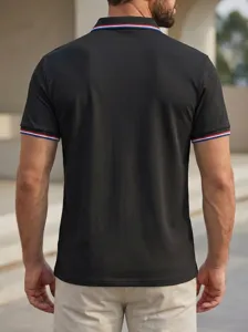 Men's casual black polo shirt with tricolor striped collar and short sleeves for business.
