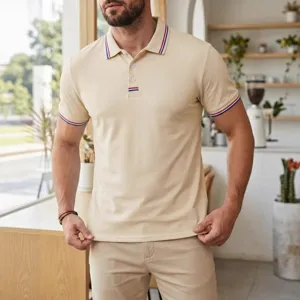 Men's Casual Polo Shirt Contrast Stripe Lapel Short Sleeve Top Business Solid Color Loose Non-iron Polo Shirt For Summer