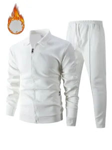 Men's white waffle knit zip-up cardigan jacket and matching sweatpants tracksuit set.