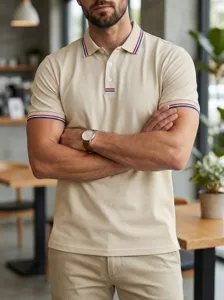 Close-up view of men's casual polo shirt collar and sleeve striped trim details in beige.