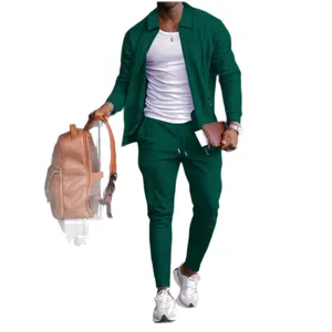 Men's waffle knit tracksuit set long sleeve zip cardigan and pants casual outfit green