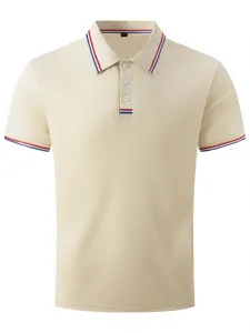 Men short sleeve casual polo shirt detail view, classic khaki knit top with striped collar.
