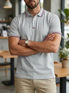 Men's casual short sleeve polo shirt detail view, light grey with classic striped collar.