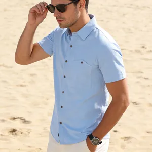 Men's casual short-sleeve linen summer beach shirt in light blue color, comfortable fit.