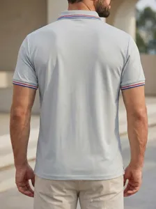 Men's casual short sleeve polo shirt with classic lapel and striped collar for daily wear.