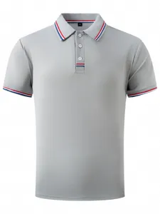 Men's short sleeve polo shirt in gray with contrast striped collar and button placket design.