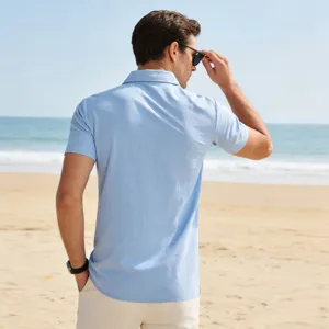 Men's casual light blue short sleeve linen beach shirt, perfect for summer vacation and daily wear.