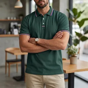 Men's casual green polo shirt short sleeve turn down collar business basic t-shirt