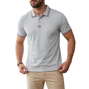 Men's casual gray short-sleeve polo shirt with contrast stripe collar and button placket.