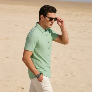 Men's short sleeve casual linen blend shirt in light green, perfect for summer beach and outdoor wear.