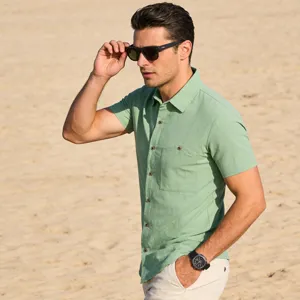 Men's short sleeve linen shirt summer beach casual shirt detail view of fabric and fit style