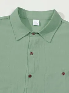 Men linen shirt collar detail, sage green short sleeve casual summer beach top, size M.