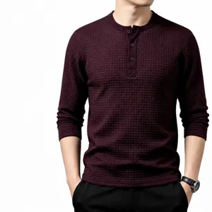 Men's heavyweight retro jacquard long sleeve Henley T-shirt casual solid top size S-3XL