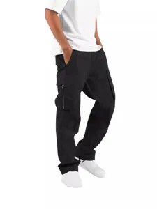 Pantalones cargo negros casuales para hombre de pierna recta con bolsillos múltiples