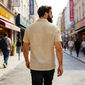 Casual solid color short sleeve linen shirt for men, breathable lapel summer top design.