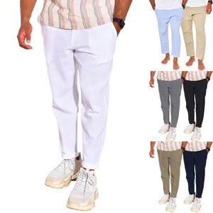 Men casual linen trousers summer breathable cotton pants loose fit comfortable beach trousers