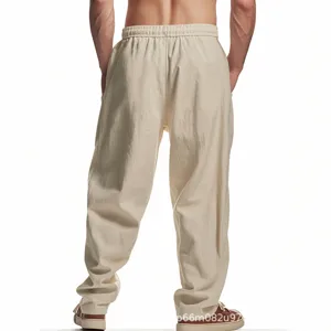 Details of men's loose linen casual pants, comfortable wide-leg fit for daily wear.