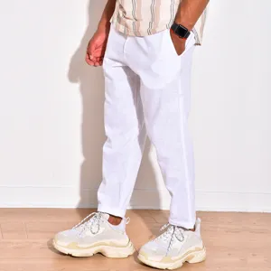 Men's casual white cotton linen trousers solid color loose fit comfortable long pants summer.