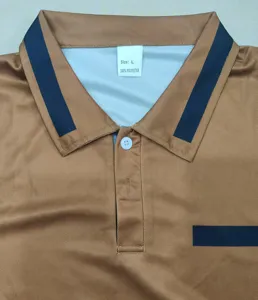 Men casual polo shirt collar detail, brown short sleeve top with contrast stripe design.