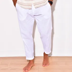 Men summer casual cotton linen pants breathable white long trousers with pockets for daily wear