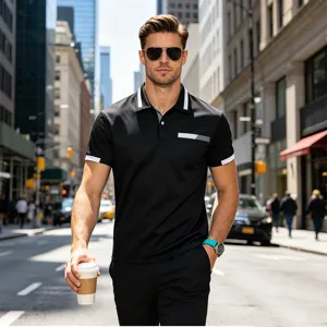 Men's casual short-sleeve polo shirt featuring contrast collar cuffs and chest pocket detail.
