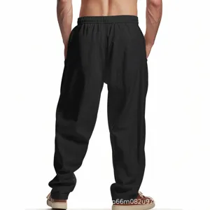 Mens black casual wide leg pants loose fit cotton linen trousers streetwear style