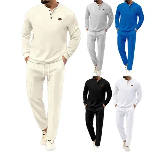 Ανδρικό Smart Casual Σετ Henley με Ύφανση Βάφλας Μονόχρωμο Μακρυμάνικο Τοπ και Παντελόνι Κοστούμι Άνοιξη Φθινόπωρο