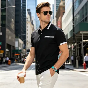 Men's short sleeve polo shirt casual business slim fit black top with white contrast collar