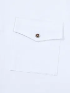 Close-up detail of mens casual linen shirt pocket, solid white breathable fabric style.