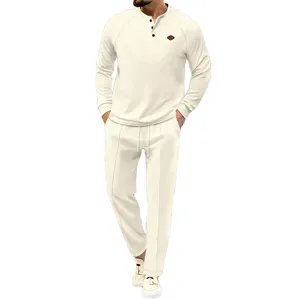Ανδρικό σετ casual φόρμα waffle μακρυμάνικο henley πουκάμισο και άνετο παντελόνι μπεζ