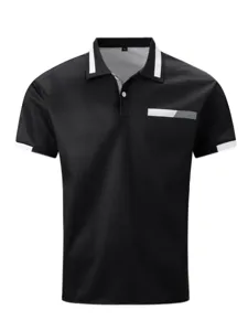 Men's casual short-sleeve polo shirt featuring contrast collar and chest pocket design.