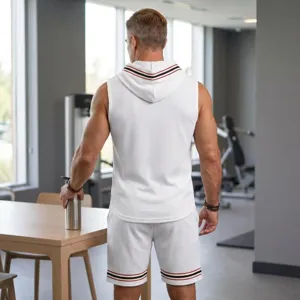 Mens summer casual athletic hooded sleeveless t-shirt and matching waffle shorts set