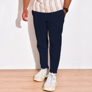 Men's casual navy trousers, comfortable straight-leg design, perfect for summer daily wear.