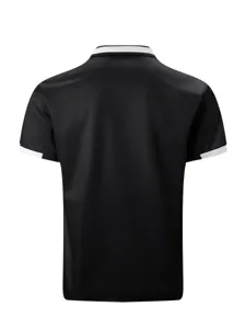 Back view of men's short-sleeve polo shirt featuring contrast white collar and cuff trim.