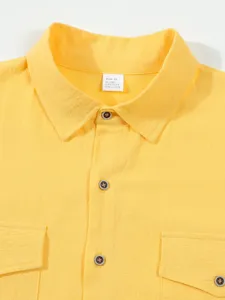 Camisa casual de lino de manga larga lisa para hombre con solapa clasica y bolsillos