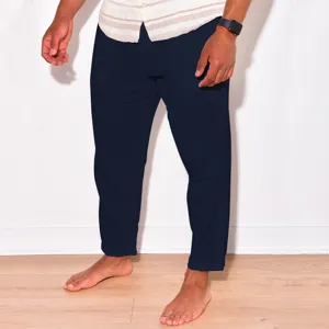 Men's casual linen pants summer loose straight trousers navy blue solid color daily wear.