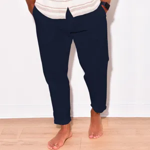 Men's navy blue casual trousers, comfortable cotton linen fabric, perfect for summer daily wear.