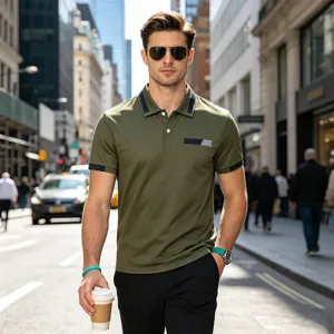 Men casual polo shirt detail view, featuring contrast lapel collar and fake chest pocket.