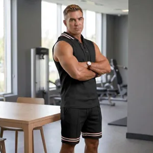 Men's black waffle sleeveless hooded t-shirt and shorts set, summer casual sportswear.