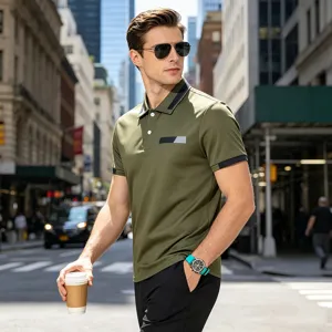 Men's casual short sleeve polo shirt with lapel collar and stylish chest detail for daily wear.
