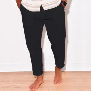 Men casual cotton linen pants detail view, breathable summer trousers in classic black color.