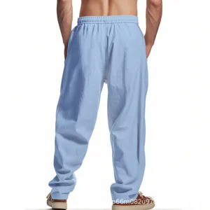 Men light blue linen casual trousers loose baggy hip hop wide leg pants summer wear