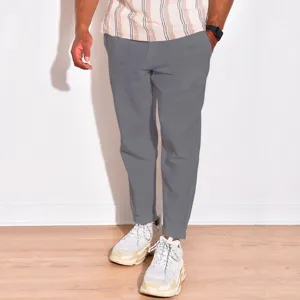 Men casual trousers breathable linen blend grey ankle length pants summer daily wear detail