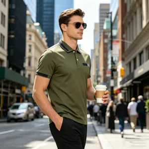 Men's olive green casual polo shirt detailed view, featuring contrast collar and pocket accent.