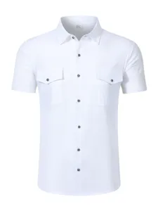 Men's short sleeve linen casual shirt detail view, featuring double pockets and spread collar.