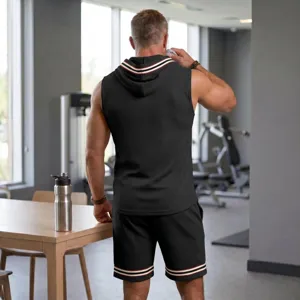 Men black waffle knit sleeveless hoodie and shorts gym sportswear set summer casual streetwear