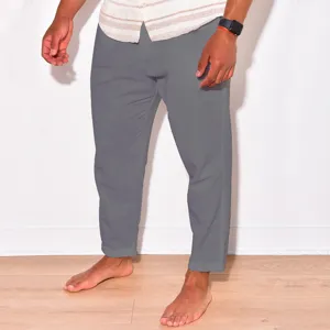 Men summer casual grey cotton linen trousers lightweight breathable loose fit long pants daily wear