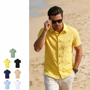 Men's Summer Linen Shirt Short Sleeve Button Down Beach Casual Shirt Breathable Linen Blend Lapel Shirt For Men Solid Color Top