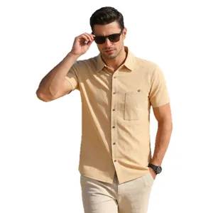 Men's short sleeve linen shirt casual summer beach button down shirt with pocket khaki